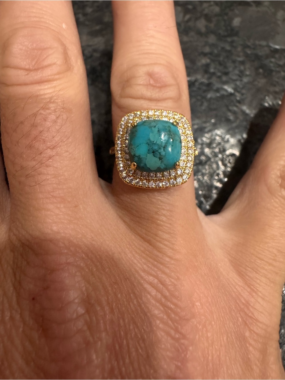 Gold Ring with Genuine Turquoise Cushion Stone and Pavé Halo size 7